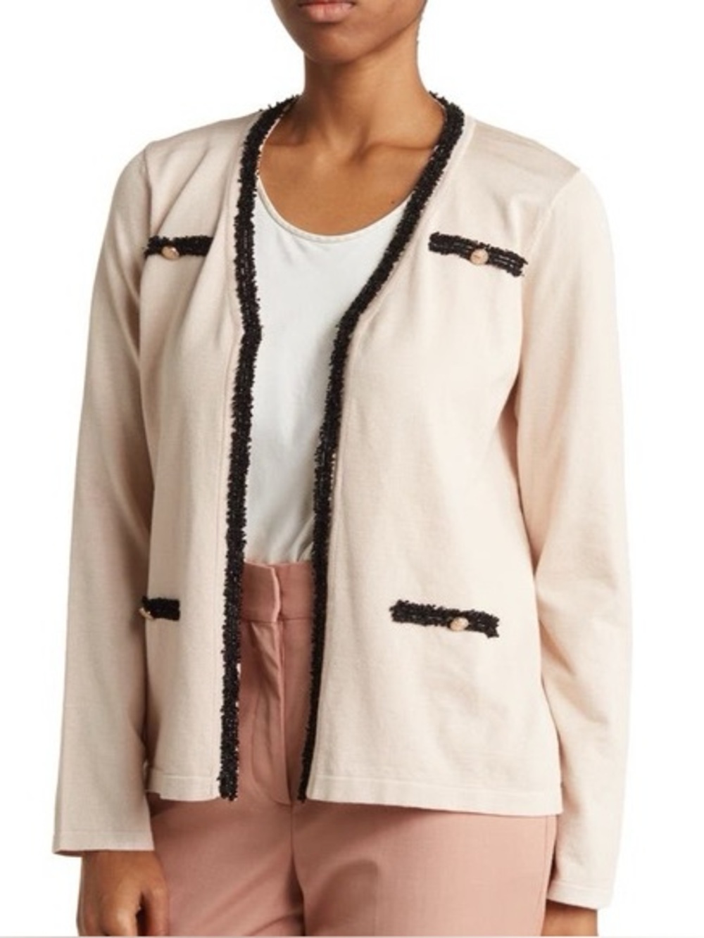 Adrianna Papell White Black Fringe Trim Cardigan Size Small Quiet Luxury